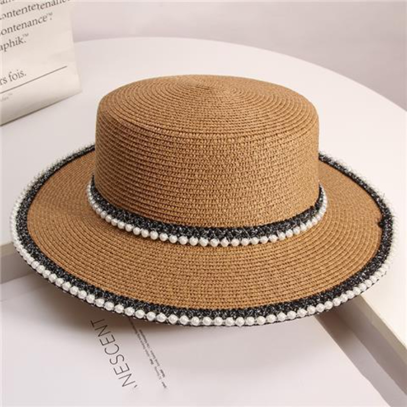 Sombrero panamá de paja con cadena de perlas de verano para mujer, gorra plana Anti-UV de ala ancha para el sol, accesorio de playa para niña Chapeu Girl Topee: Verde