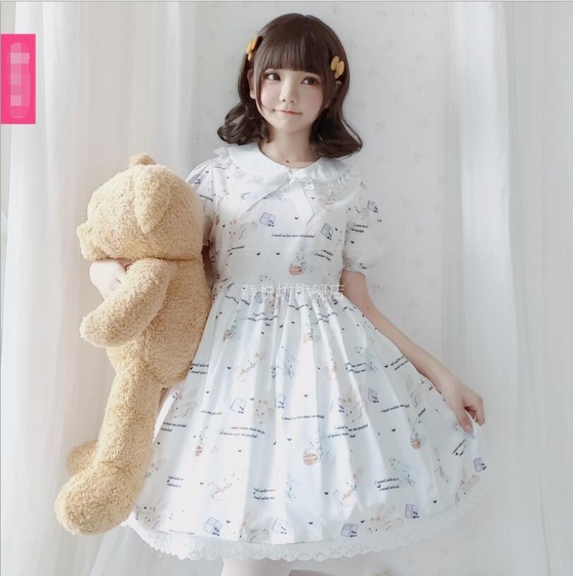 Vestido de verano de manga corta con estampado de conejito para chica mori, estilo lolita, estilo gótico vintage, estilo adolescente, estilo kawaii, para fiesta de té, estilo princesa loli.: 3 / S