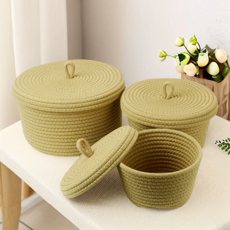 Students Cosmetics Snacks Round Cotton Rope Storage Basket Finishing Basket Storage Basket with Lid Dust-proof Storage Box