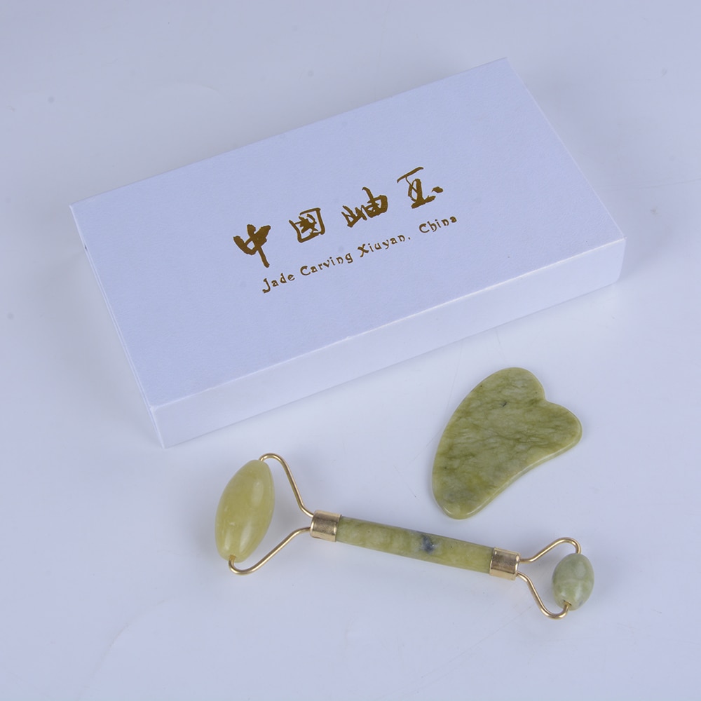 1Set Natuurlijke Jade Board Jade Stone Gua Sha Set Quartz Gezicht Massager Facial Roller Anti Aging Massage Voor Terug body Hals Met Doos
