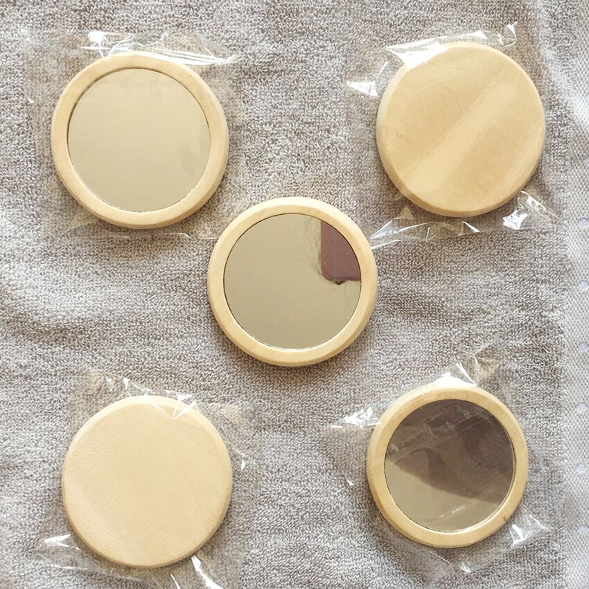 Wooden Small Round Mirror Portable Pocket HD Mirror Wood Mini Makeup Mirror 7cm D50