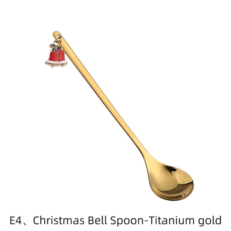 Christmas Spoon Vacuum Plating Stainless Steel Coffee Spoon Long Handle Tea Spoons Kitchen Drinking Flatware: E4