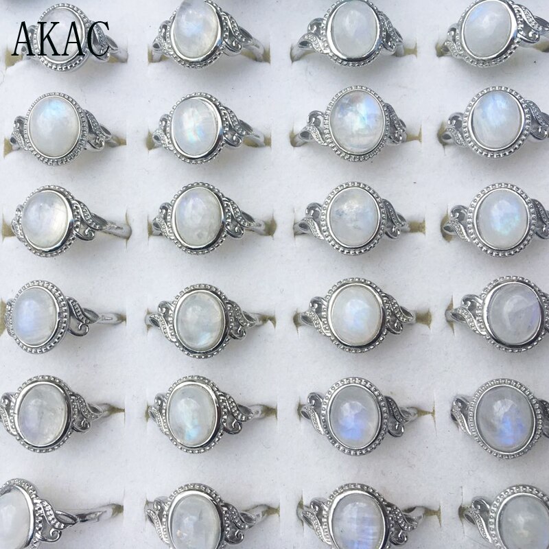 3pcs/set AKAC natural rainbow moonstone adjustable ring for women white copper ring send randomly