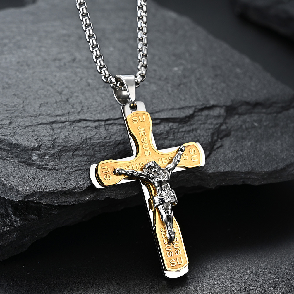 JESUS Multi-Layer Cross Pendant Necklaces Christian Stainless Steel Payer Necklace for Men Him Male Jewelry