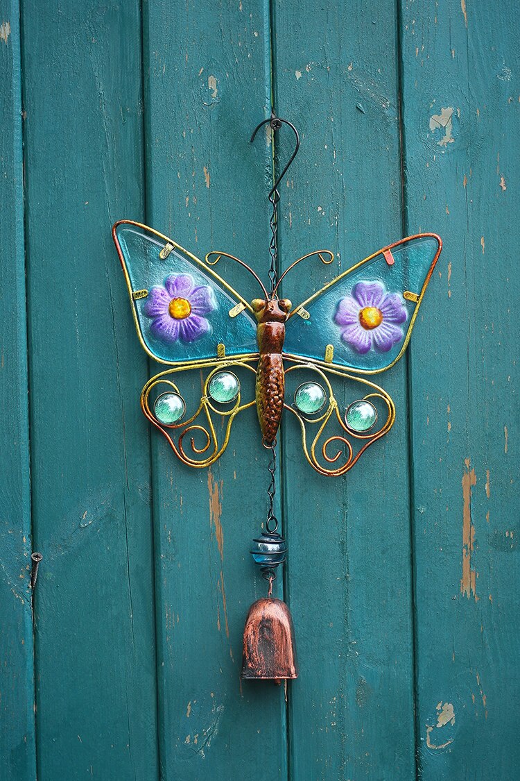 Fer forgé couleur verre grand papillon décoration de jardin en plein air Style pastorale carillon éolien pendentif idyllique ornements
