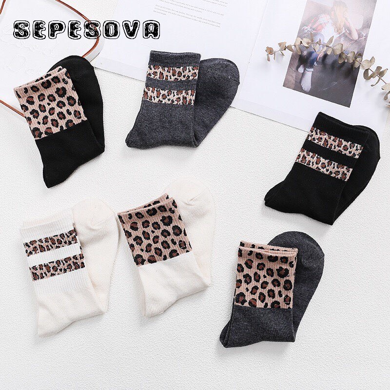 Womens Leopard Sokken Spikkel Streep Zwarte Winter Warme Korte Sok Trend Stijlvolle Blend Casual Elastische Slijtage Vrouw Comfortabele Sox