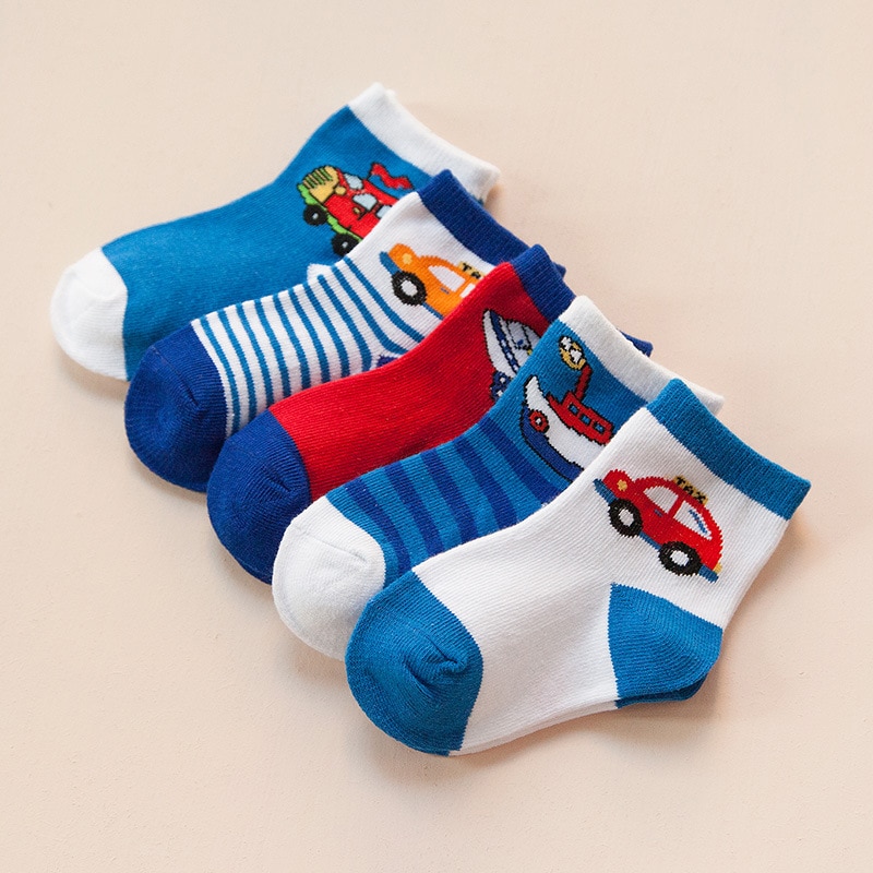 5pairs / SET Meias bebê dos desenhos animados listrado de algodão macio Crianças Boy Girl Curto Meias CAR Impressão da criança Crianças Piso Socks
