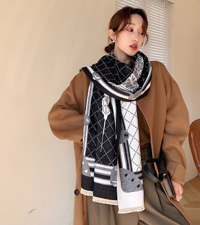 Écharpe de luxe noire à carreaux en cachemire pour femme, épaisse, chaude, enveloppe, Pashmina, pour l&#39;hiver: W 02