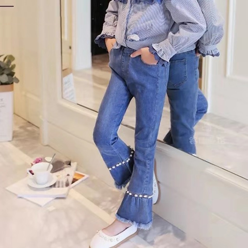 Metà di Vita Nuovo Delle Ragazze Dei Bambini Dei Pantaloni Caldi di Autunno della Molla Pantaloni a zampa d'elefante Casual Del Denim Delle Ragazze Dei Jeans Dei Pantaloni Per 3-12 anni di Età