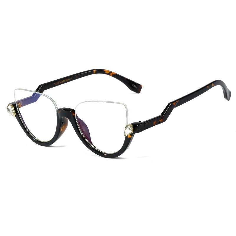Lunettes transparentes à monture claire bleue pour femmes, demi-monture œil de chat, classique, Vintage: Leopard