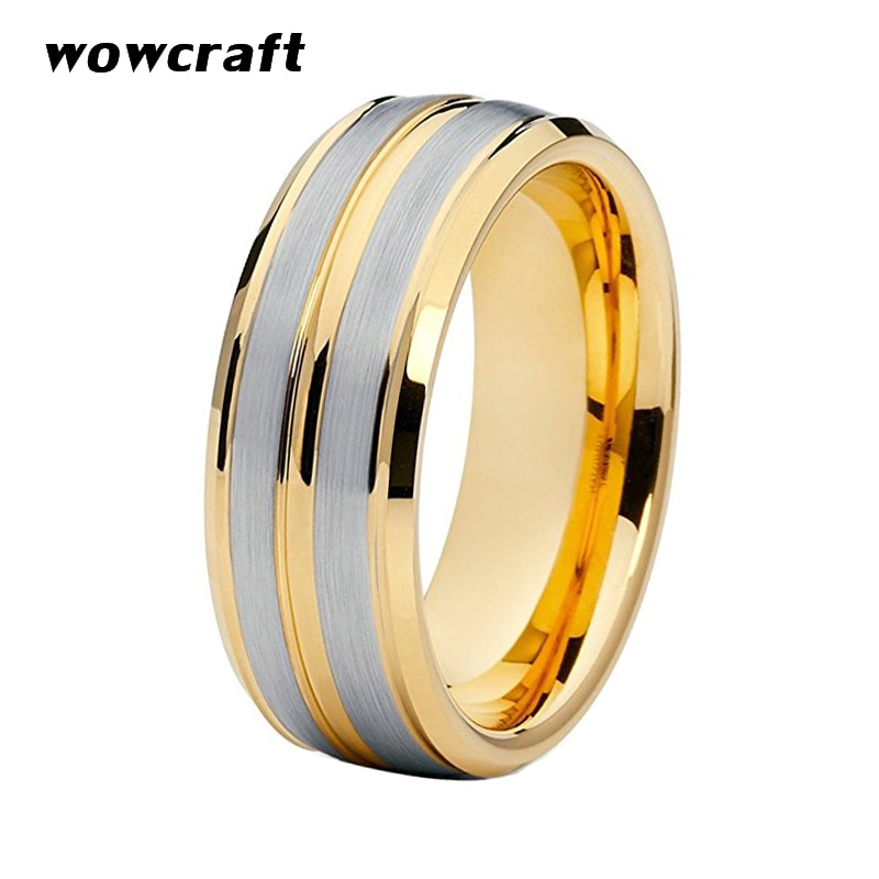 8Mm Gold Tungsten Wedding Band Ring Voor Mannen Vrouwen Gegroefde Center Geborstelde Afwerking Afgeschuinde Randen