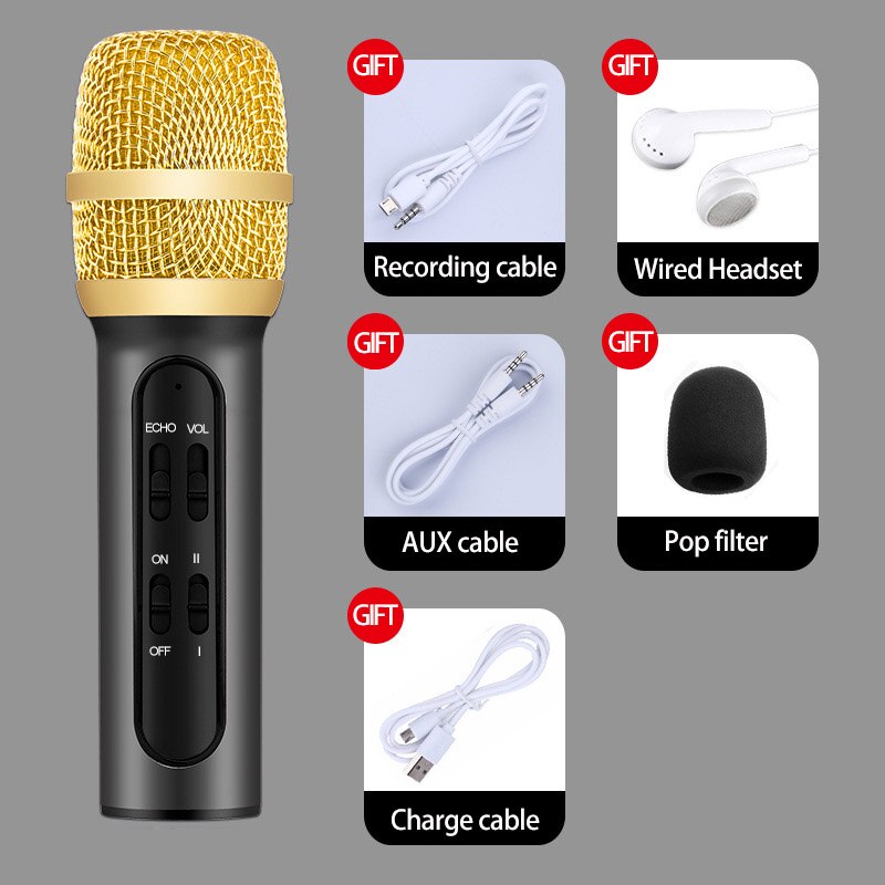 Leehur karaoke handhållen bärbar mikrofon sing recording live trådad mikrofon för dator iphone huawei xiaomi: Svart