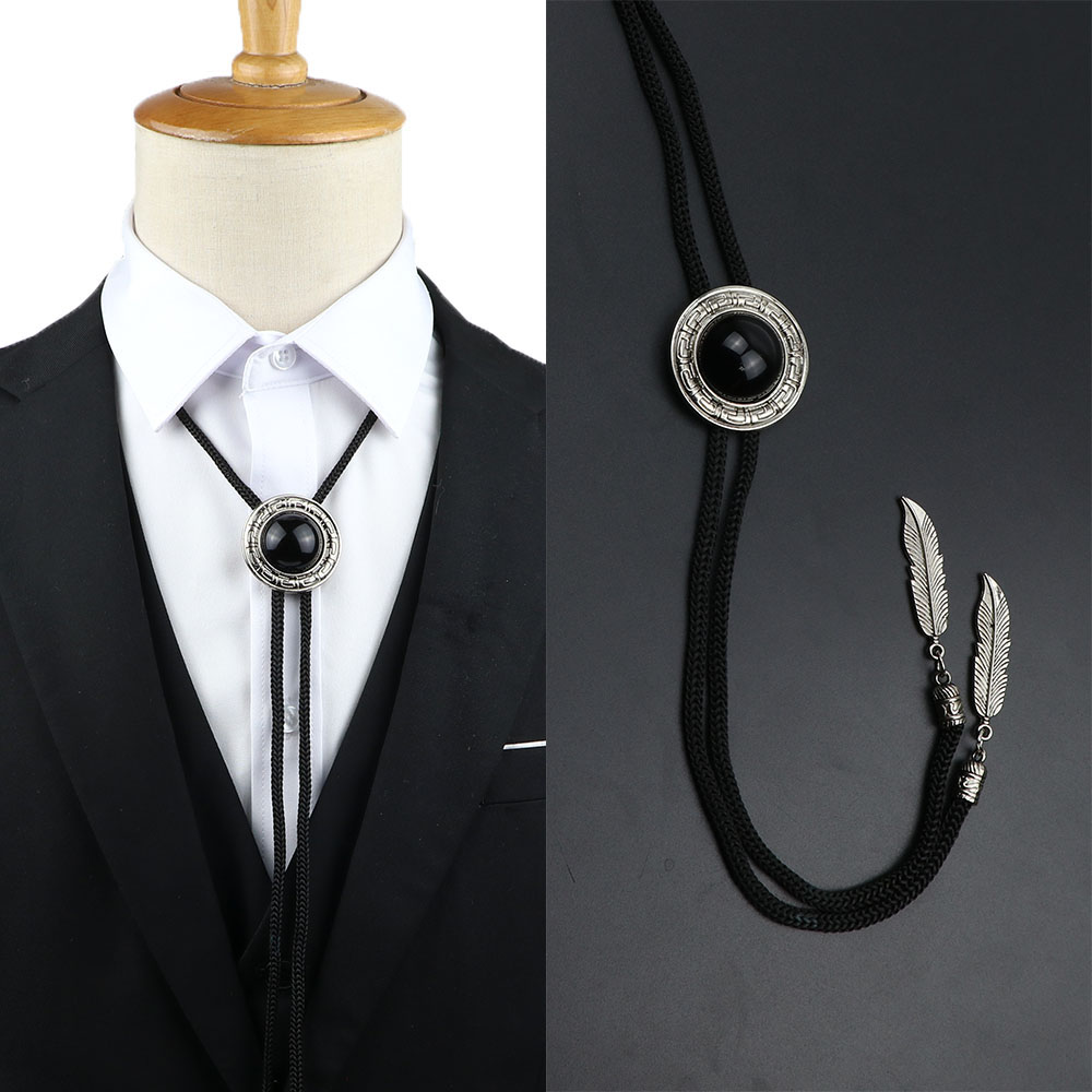 Bolo Tie Necklace - Leather Rope Chain - Plaid Pattern - Cowboy Jazz Style - Unisex Adult Accessory: Gold