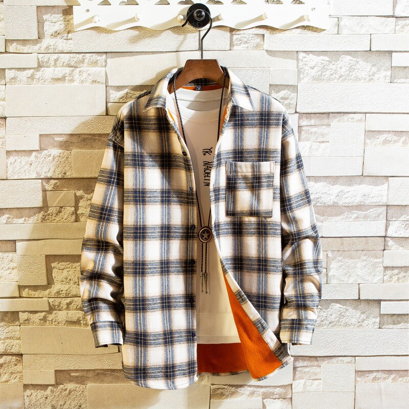 Men Clothes Men's Warm Shirt Plus Velvet Thick Youth Plaid Winter Undershirt Long Sleeve Youth Shirt: Khaki / 4XL