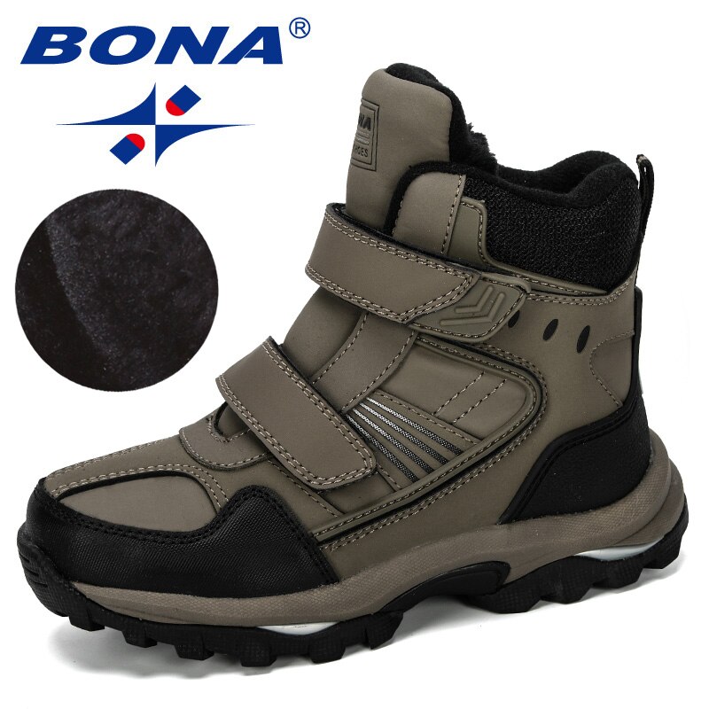 BONA Popular Children Snow Boots Warm Winter Boots Plush Kids Sneakers Boys Cow Split Boots Trendy: Medium grey black / 4