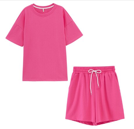 Trainingspak dames 2 -delige set yoga-outfits katoenen oversized t-shirts hoge taille shorts snoepkleur sportkleding sportpak dames: Roze roos / Ik