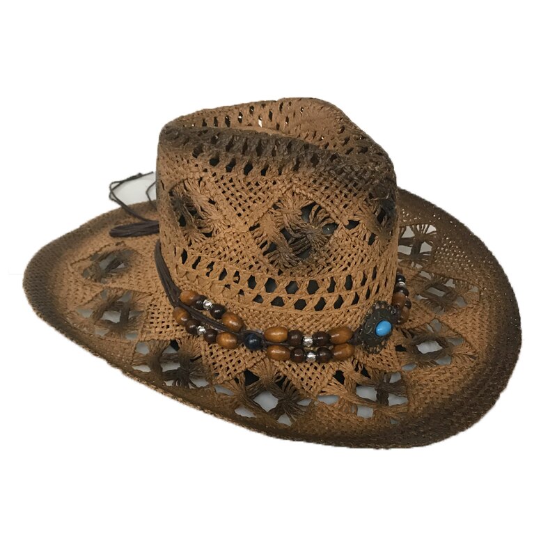 YY 3 kolory polecane kowboj czapka letnia dziurawy słomy Sunhats mężczyźni jazz czapka z ręcznie robione koraliki kobiety odpowietrzający plaży kapelusz CM19019