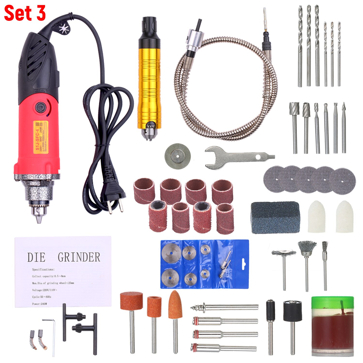 220V 240W Rotary Tool Kit Variable Speed Multifunction Electric Rotary Drill Sander Polishing Tool: set 3