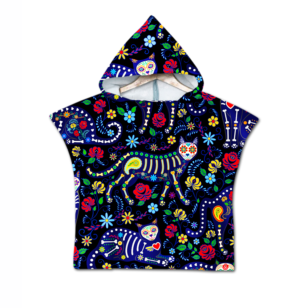 Gotisk cool halloween skræmmende kat skelet kranium baby børn børn hættehåndklæde pool bad strand poncho håndklæde kappe