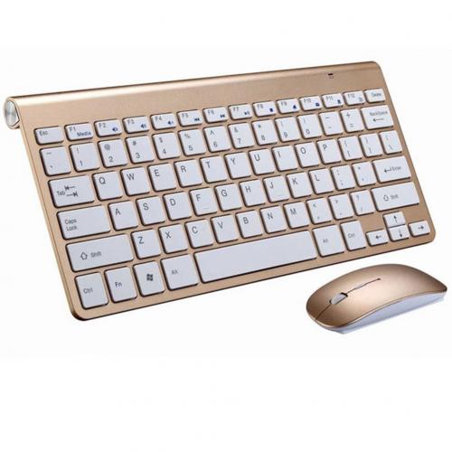 Kit clavier et souris ultra-fin avec 2.4g ports usb sans fil et silencieux pour téléviseur intelligent, ordinateur de bureau et pc: Doré