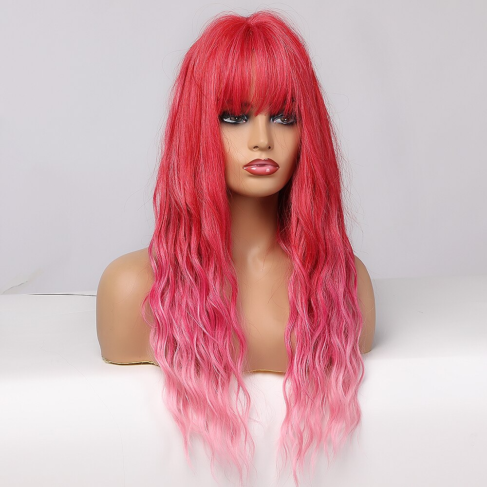 Long Wavy Dark Brown Natural Hair Wigs With Bangs Heat Resistant Synthetic Wigs for Afro Women Daily Cosplay Natural Wigs