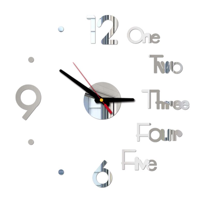 Reloj de pared 3D adhesivo para superficie de espejo, decoración para el hogar y la Oficina, bricolaje: Silver 
