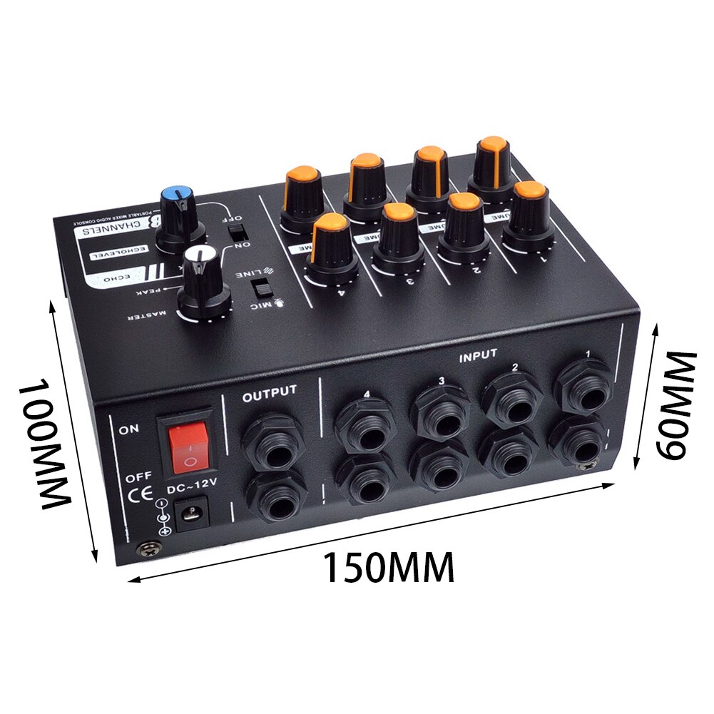 Stereo Professionele Mini Draagbare 8 Kanalen Audio Mixer Mono Zwart Thuis Lage Noise Metalen Dj Karaoke Party Schakelbare