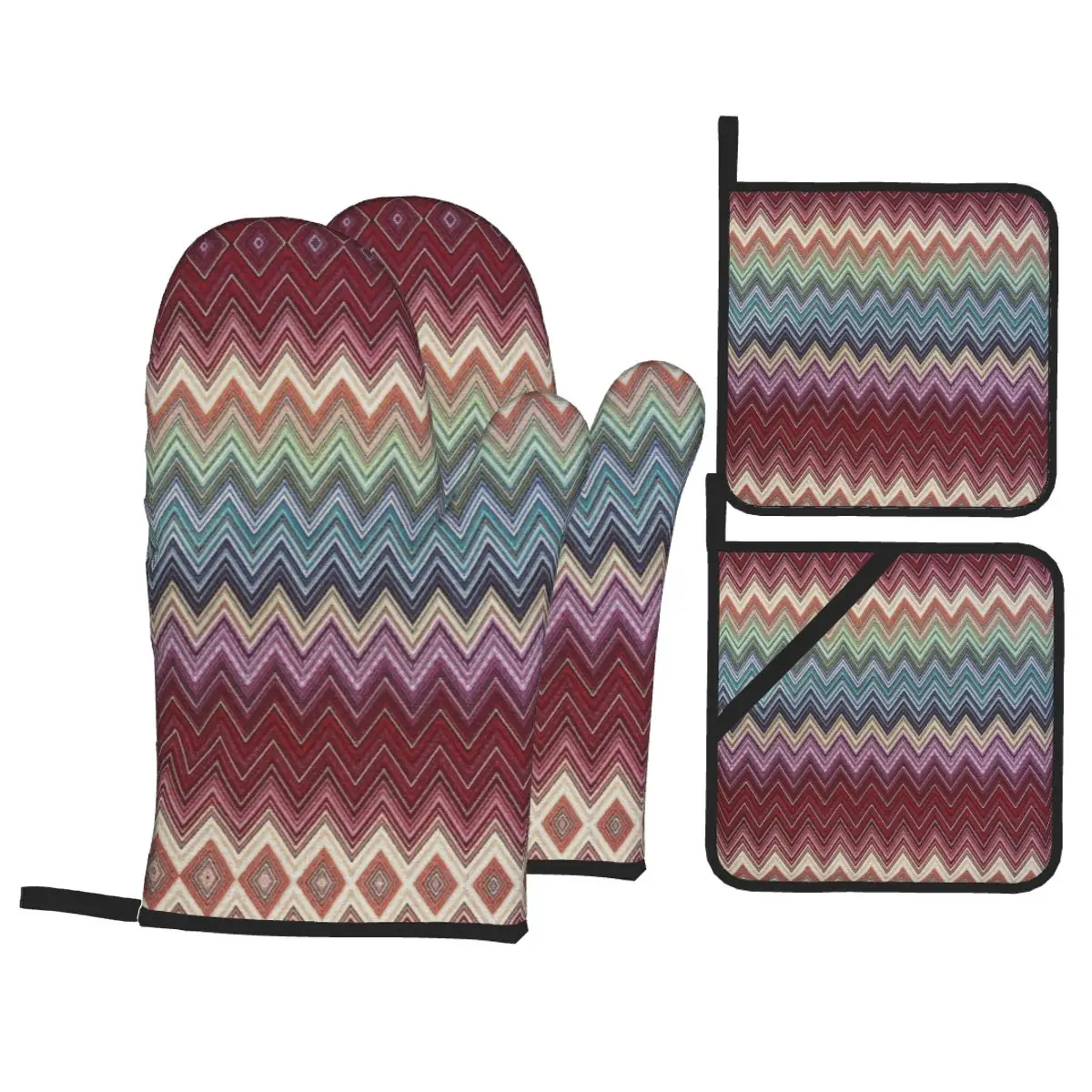 ZigZag Oven Mitts and Pot Holders 4pcs Set for Baking Cooking Non-Slip Heat Resistant Geometric BBQ Kitchen Gloves Potholders: Pink