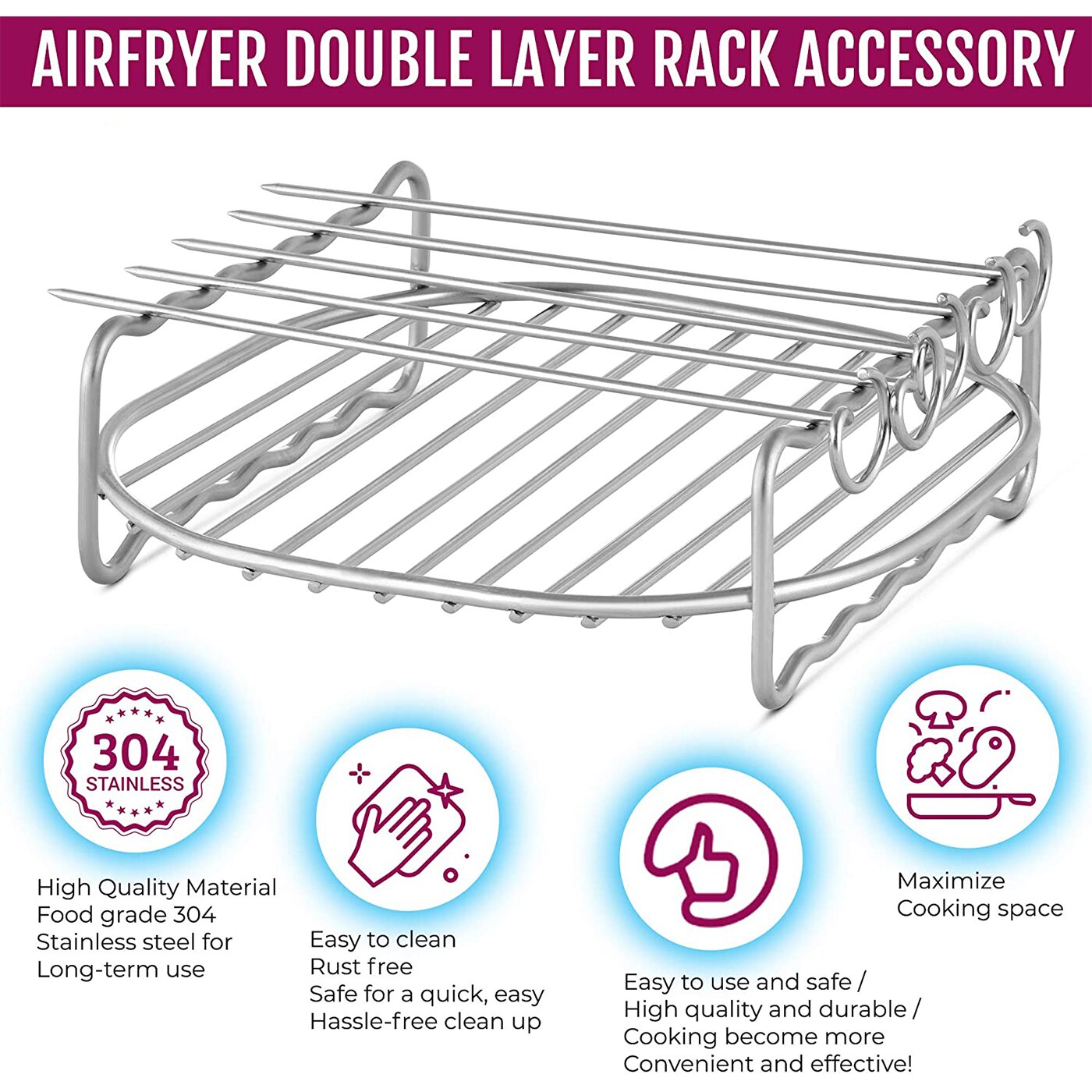 Double Layers Air Fryer Racks Stainless Steel Grill Multi-purpose Roasting Rack Skewers Baking Tray Air Fryer AccessoriesTools