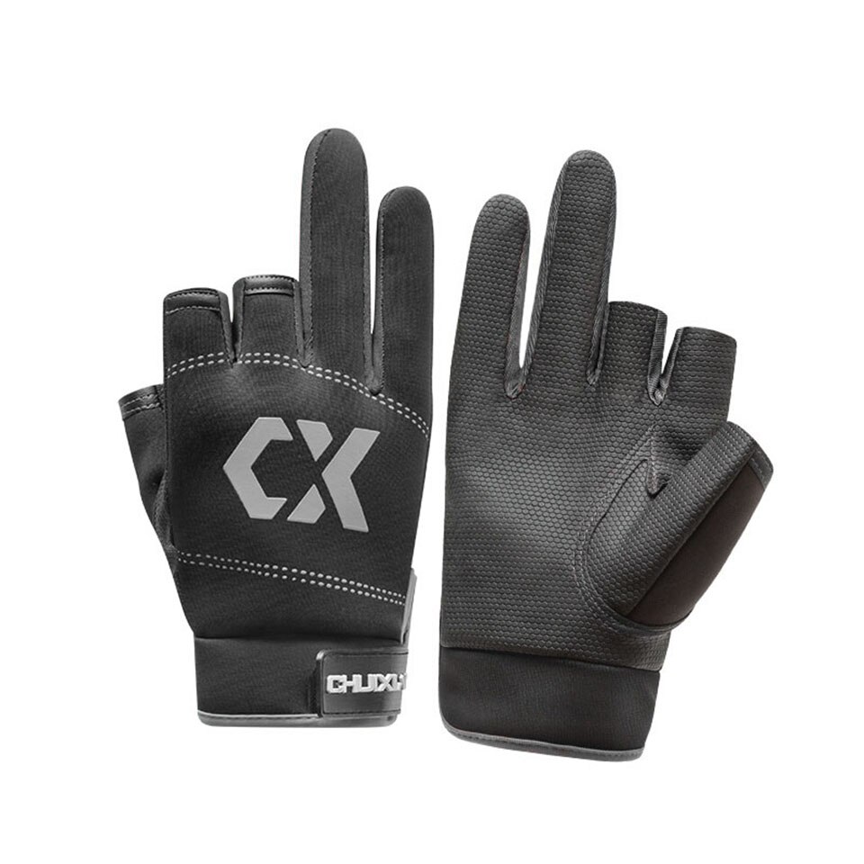 Guantes de pesca antideslizantes para hombre y mujer, equipo deportivo con 3 dedos cortados, para pesca al aire libre, 1 par: Black with Grey