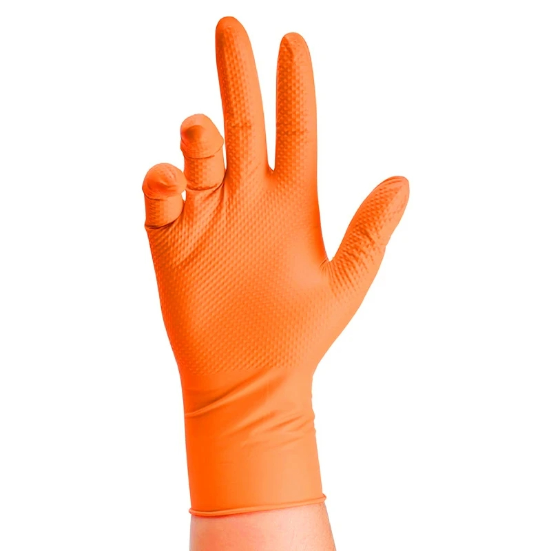 Guantes desechables Guantes de nitrilo naranja resistentes 8 mil industriales con agarre con textura de diamante para seguridad mecánica y guantes de trabajo