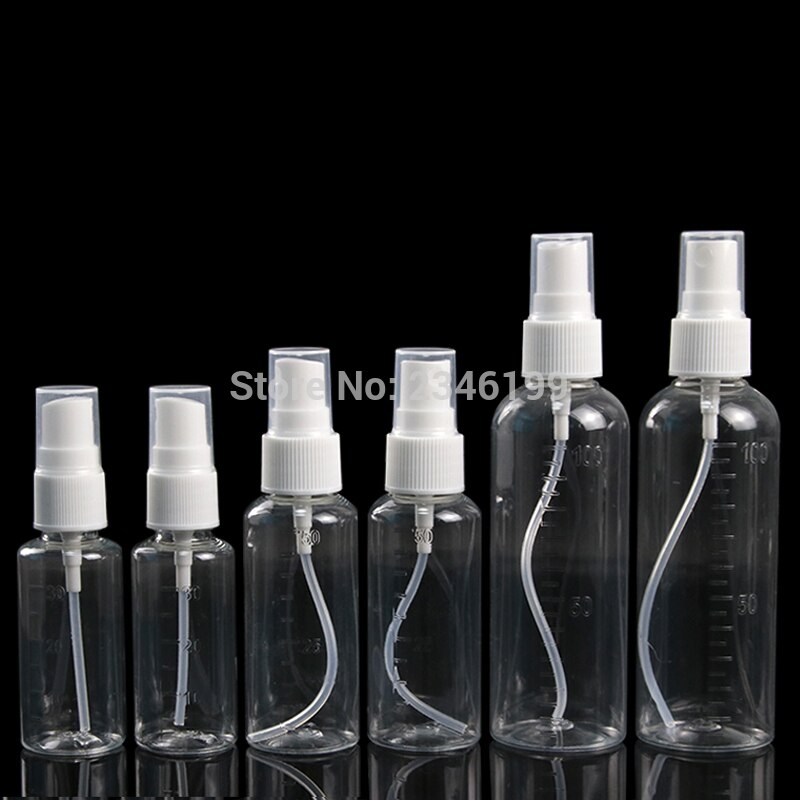 Plast sprayflaske 30ml plast gjennomsiktig spray pumpe flaske med skala 50ml tom plast kosmetikk beholder 100ml 50 stk