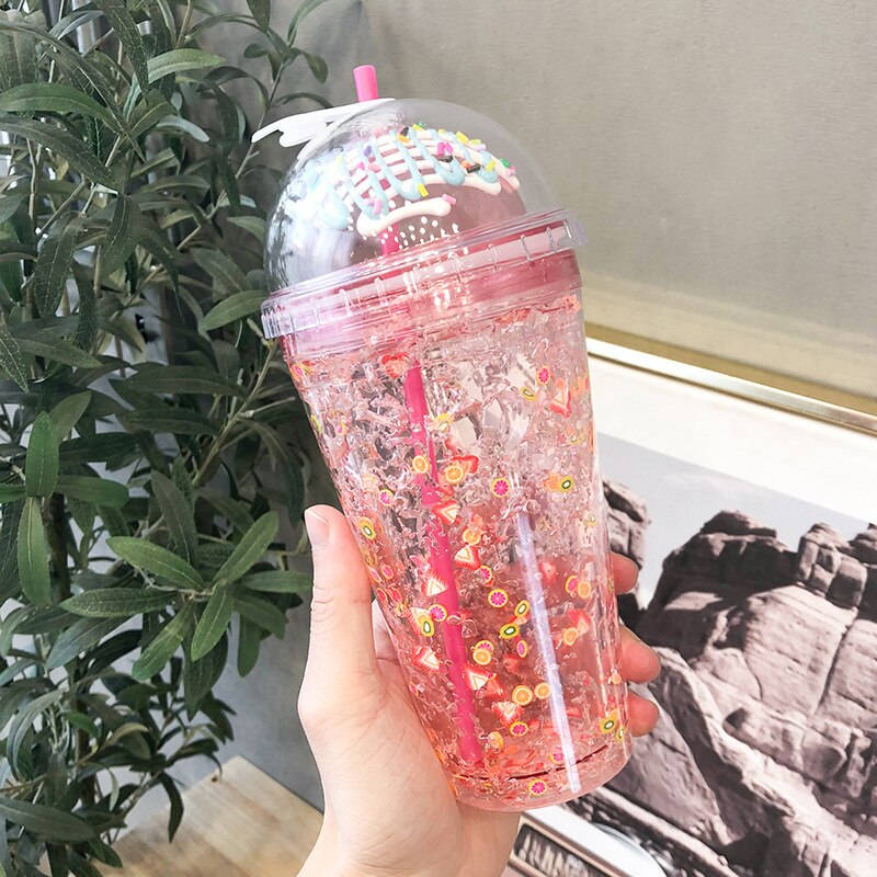 Summer Fruit Ice Cup Double Layer Refrigeration Net Red Straw Plastic Cup Large Capacity Korean Hipster Cup: PINK