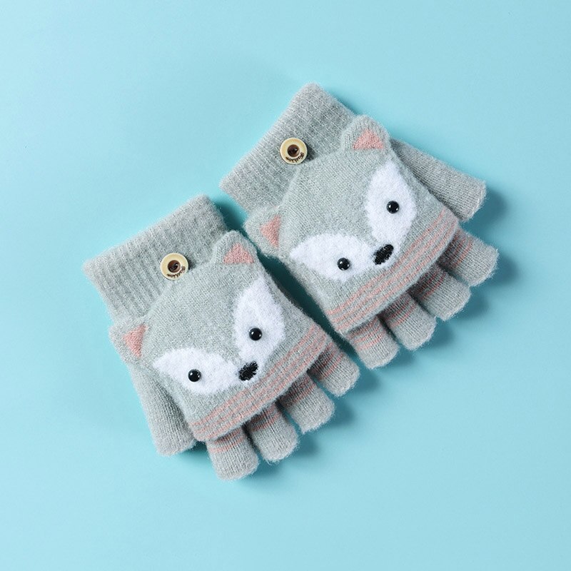 Leuke Cartoon Vos Kinderen Handschoenen Zachte Warme Gebreide Halve Vinger Jongens Meisjes Handschoenen Winter Outdoor Vijf Vingers Baby Handschoenen wanten: green