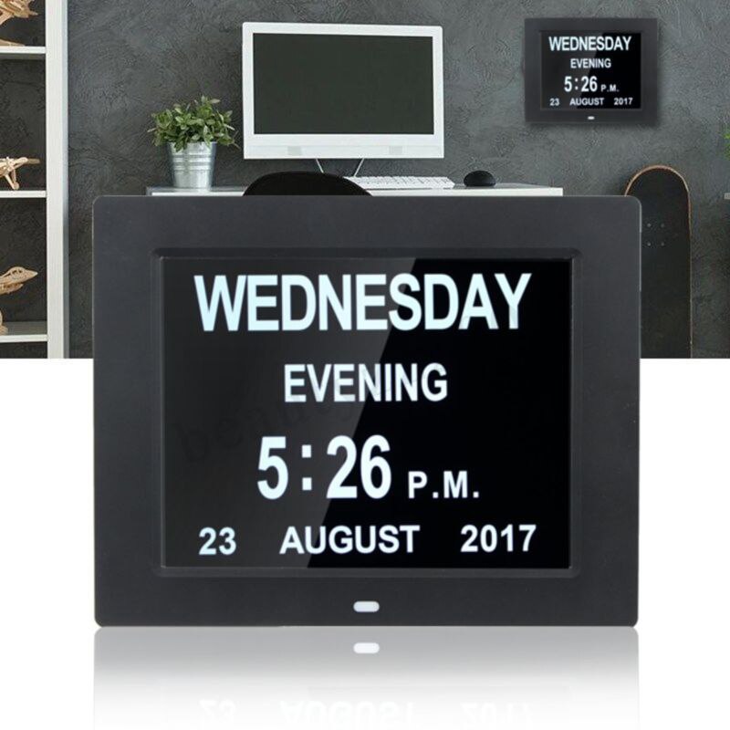 8 "digitalt vækkeur ekstra stort ikke-forkortet dagur dato klokkeslæt display ure demens digital vægkalender: Sort