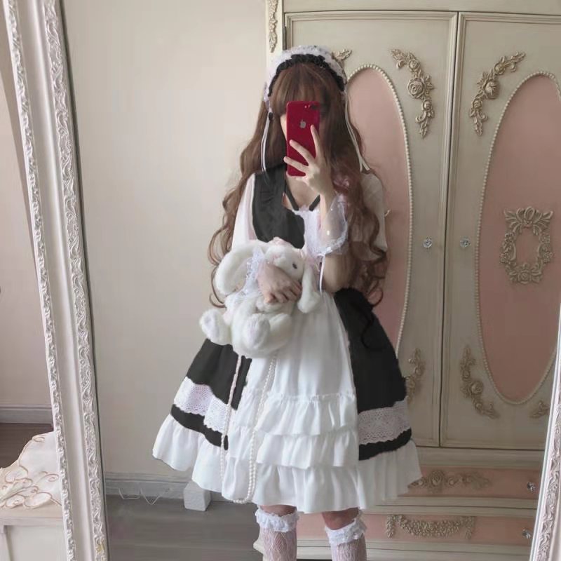 Japanese Black Pink Maid Costume Loli Lolita Skirt Op Small Cute Soft Girl Fairy Skirt Gothic Lolita Dress Women Kawaii Clothing