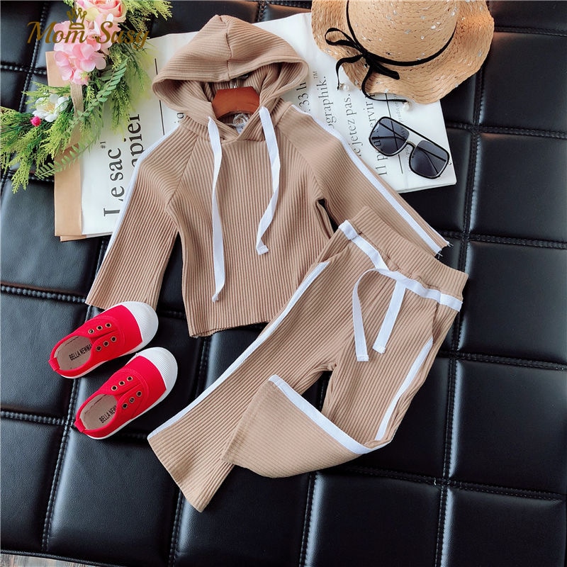 Del Bambino di modo Della Ragazza Ribed Vestiti Set di Cotone Maglia Con Cappuccio + Pant 2PCS di Autunno della Molla Della Ragazza Del Bambino Vestiti Lunghi Del Manicotto set 1-7Y