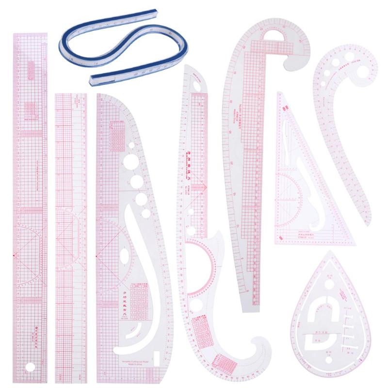 9pcs/set Multi-function Clothing Sample Cutting Ruler Metric Yardstick Rulers Drawing Tailor Ruler Curve Yardstick Sewing Tools
