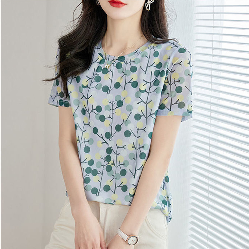 Zomer Koreaanse Stijl Bloemen Casual Trui Vrouwelijke Elegante Mode Print Korte Mouw Tops Vrouwen Chiffon Zweet Femme Kleding