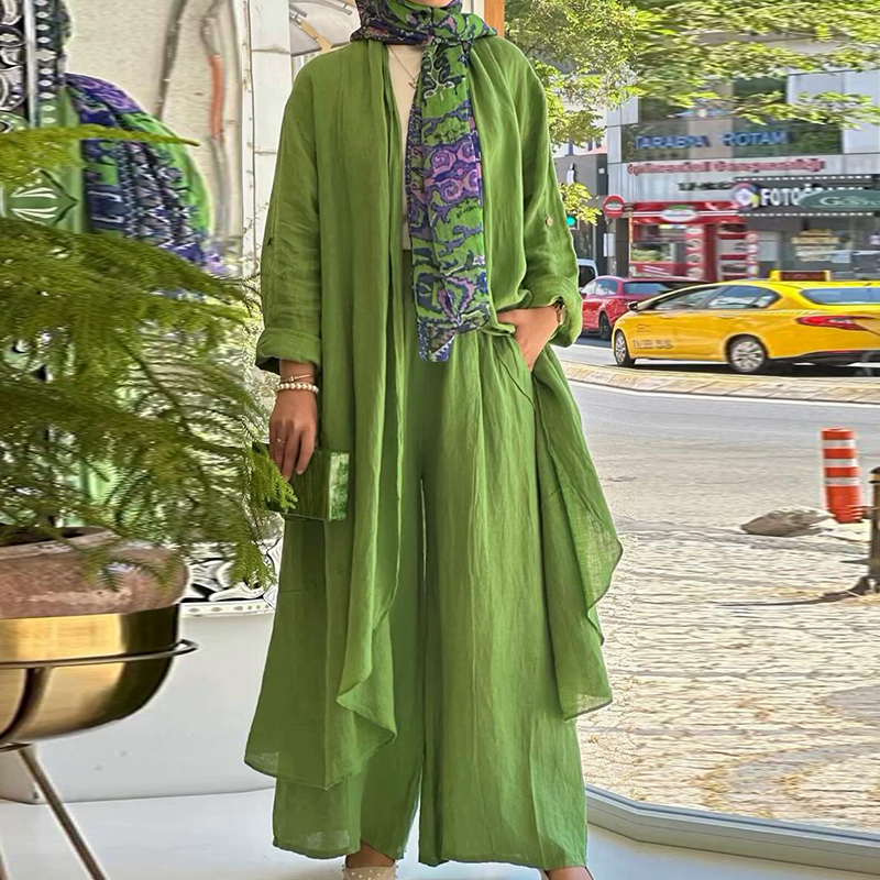 2- delade långärmade maxi-skjortor + vida byxor eid muslimska kvinnor set abaya dubai turkiet islamiska casual toppar enfärgad outfit: Xxl / Blå