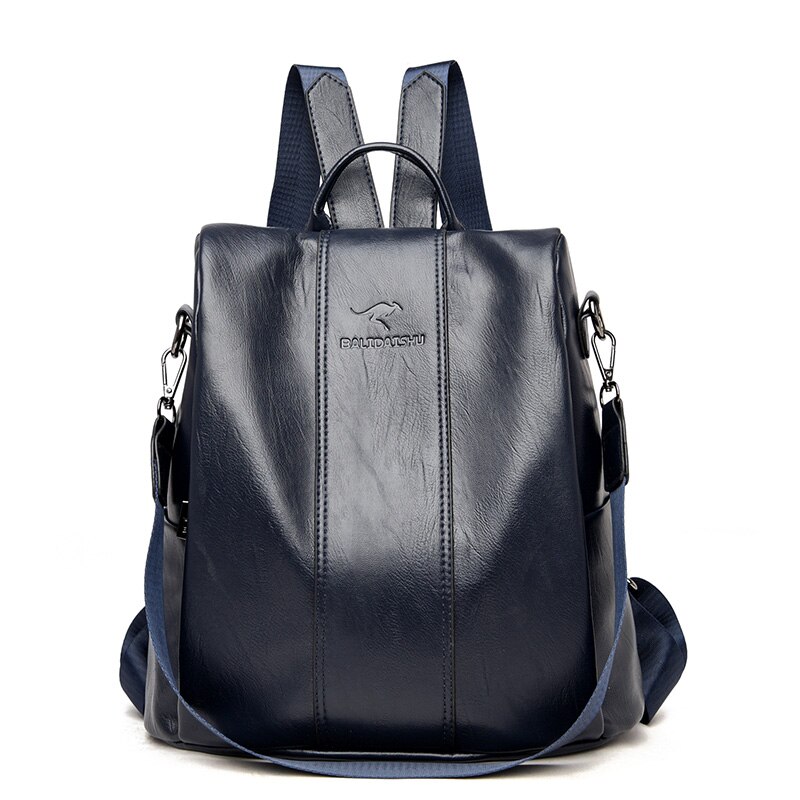 Leather Anti-theft Backpack Women Travel Large Capacity Backpacks Softback Mochila Brand Cute Bags: dark blue