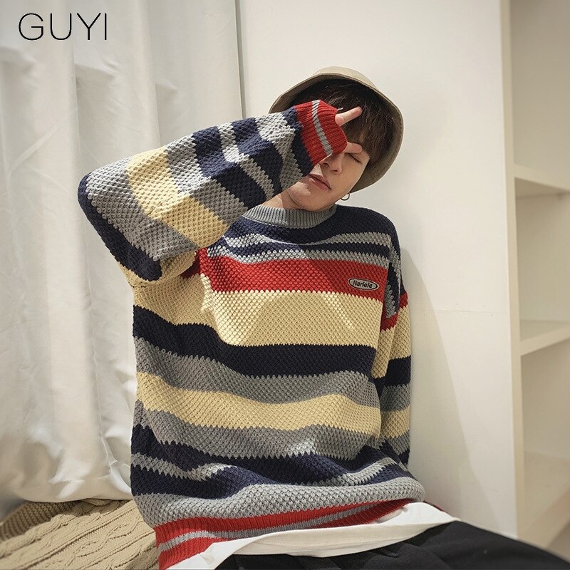 Guyi japanse stijl gestreepte los gebreide truien pullovers heren herfst winter retro casual mannelijke luie jongere trui vintage top