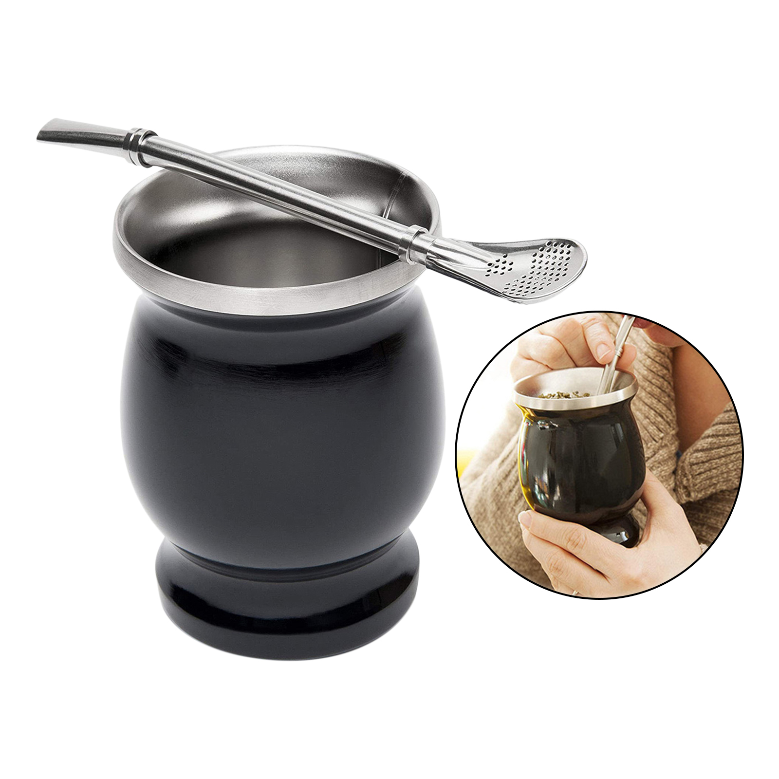 Rvs Dubbelwandige Moderne Yerba Mate Kalebas Mate Cup Dubbelwandige Mok Met Stro Lepel Traditionele Mate Cup: Black