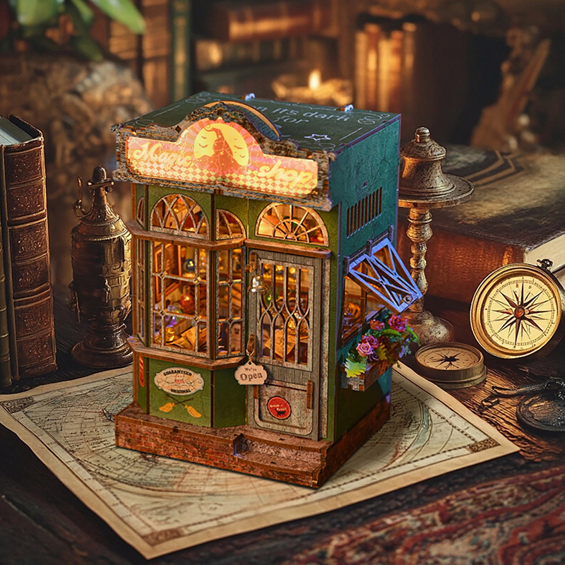 DIY Wooden Dollhouse Magic Shop Miniature Furniture Kit Book Nook Assemble Building Block Toys for Children Adult Casa