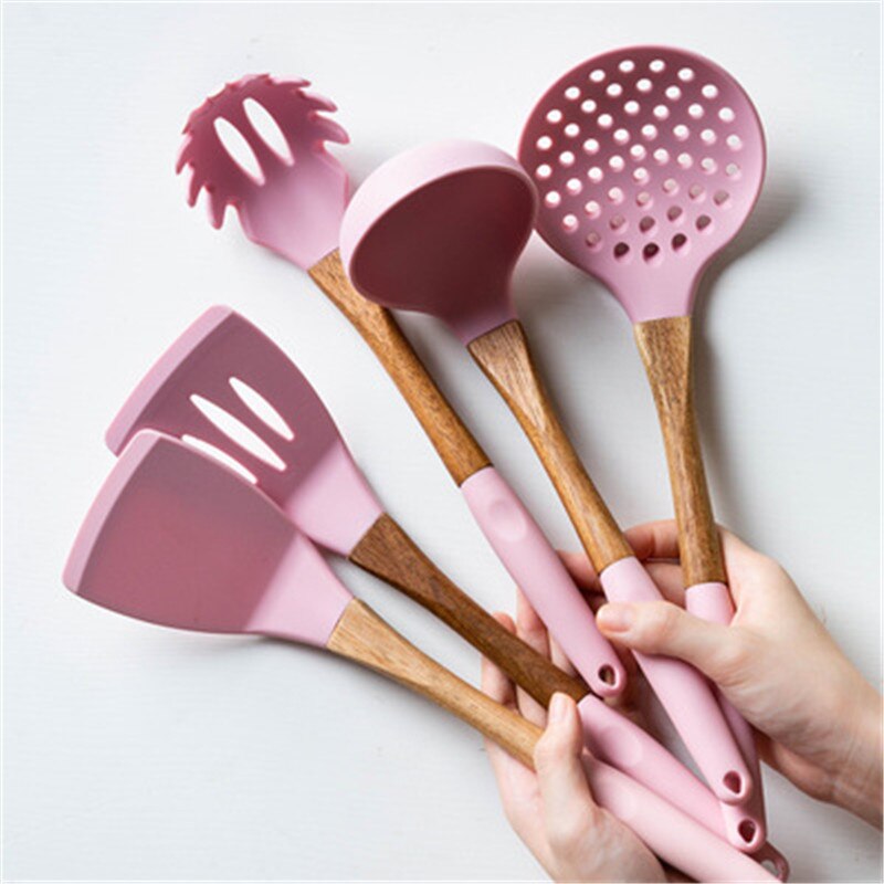 Ensemble d'ustensiles de cuisine en Silicone de supérieure, rose, avec boîte de rangement, pince tournante, spatule, cuillère à soupe, 1/6 pièces