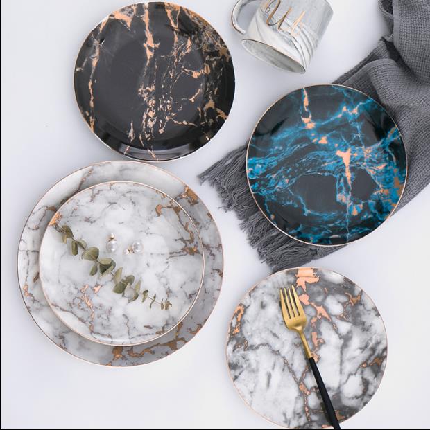 Europese Stijl Marmeren Platen Keramische Diner Set Gold Inlay Porselein Dessertbord Steak Salade Snack Taart Platen Servies