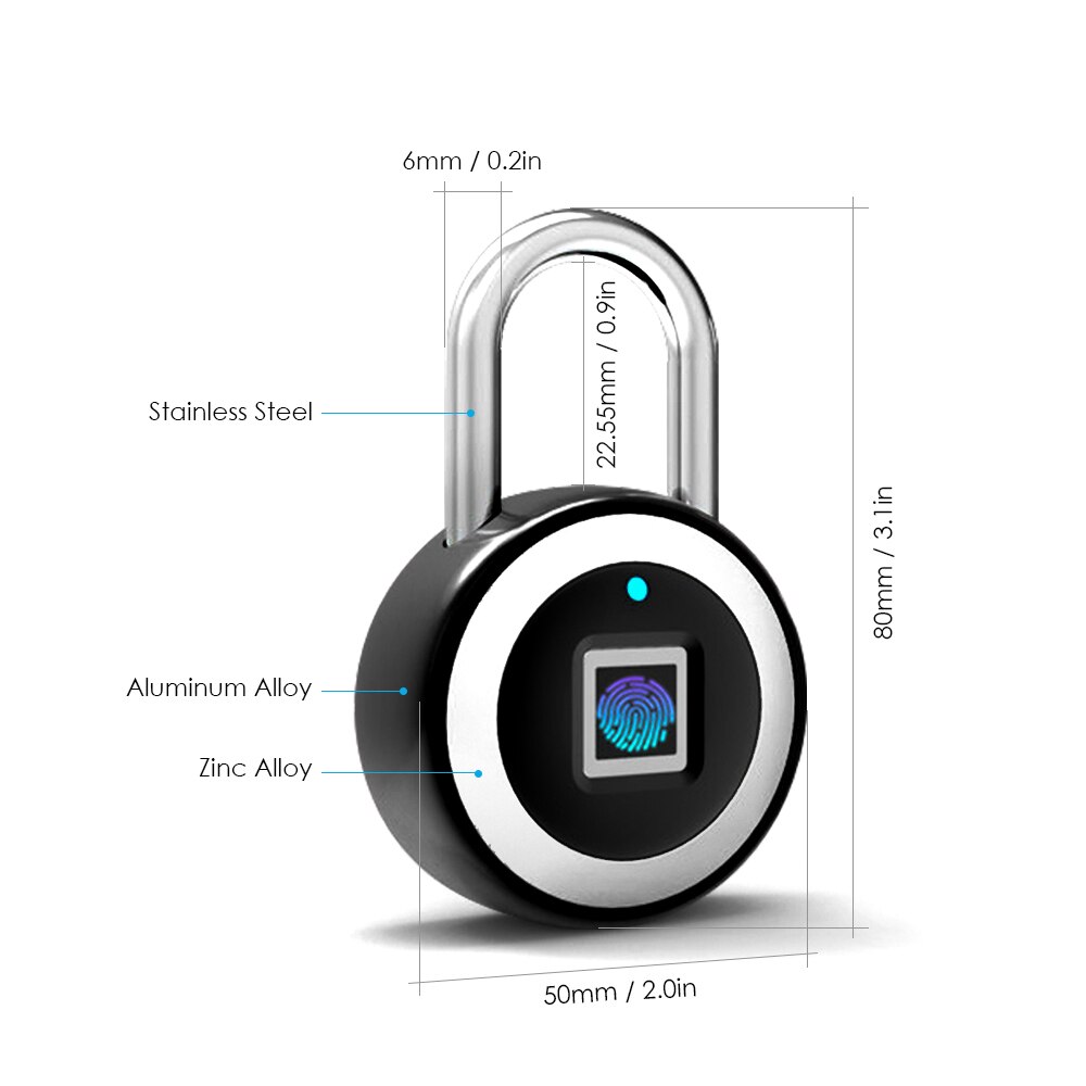 Smart Fingerprint door lock BT Padlock Unlocking by Fingerprint&APP Rechargeable Keyless 10 Fingerprints IP65 Waterproof