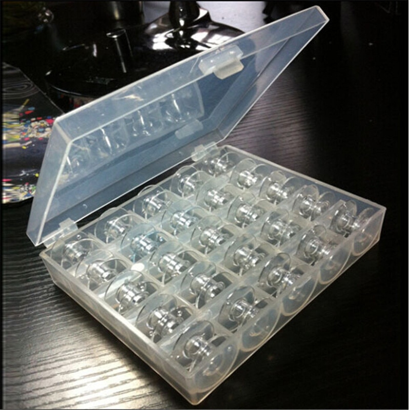 Carretes de plástico transparente para máquina de coser, 25 bobinas con caja de almacenamiento de hilo, accesorios de costura para el hogar, herramientas de costura, 1 Juego por lote