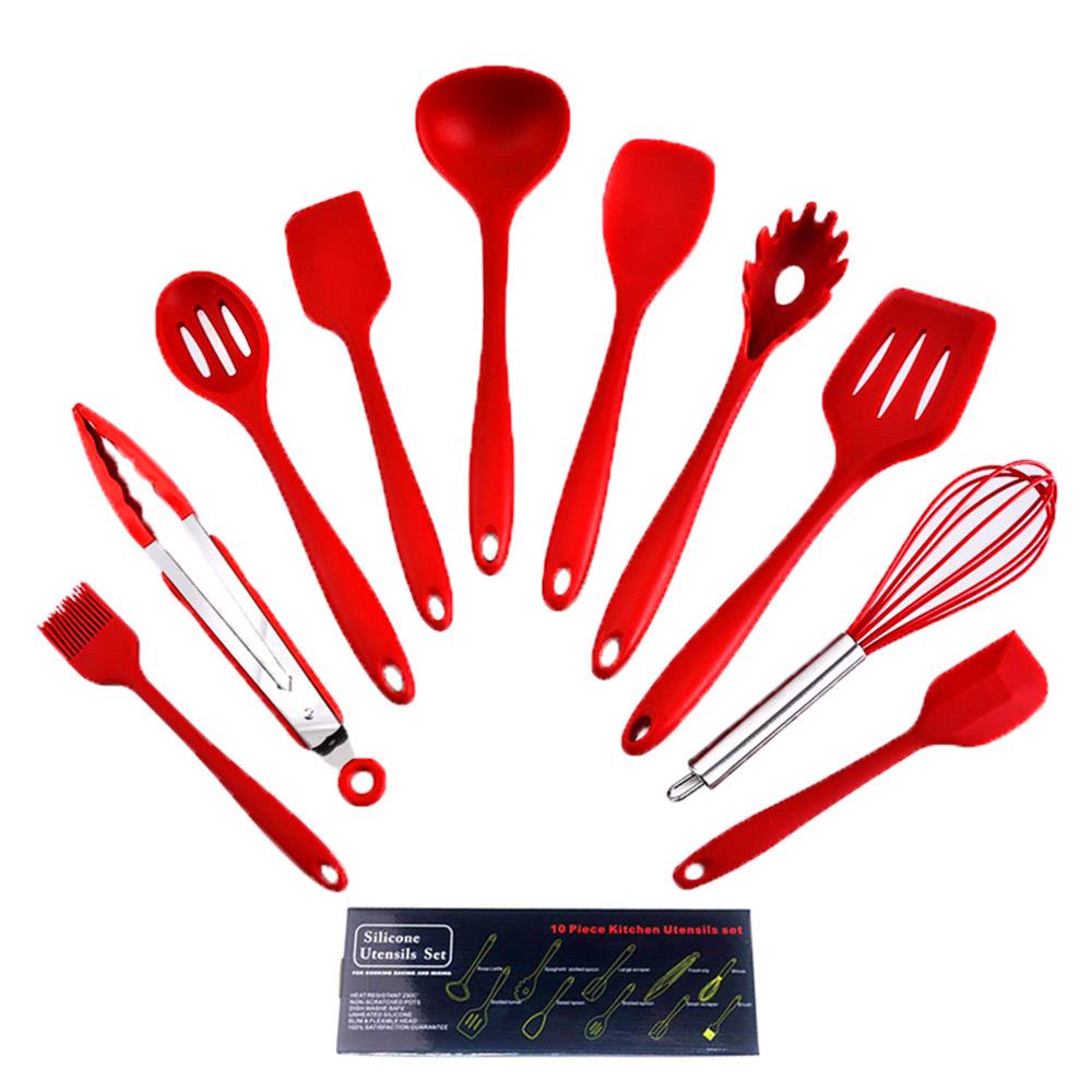 14 ustensiles de cuisine en Silicone, ensemble de ustensiles de cuisine, spatule antiadhésive, poignée en acier inoxydable, ensemble d'outils de cuisine de alimentaire: red 10pcs