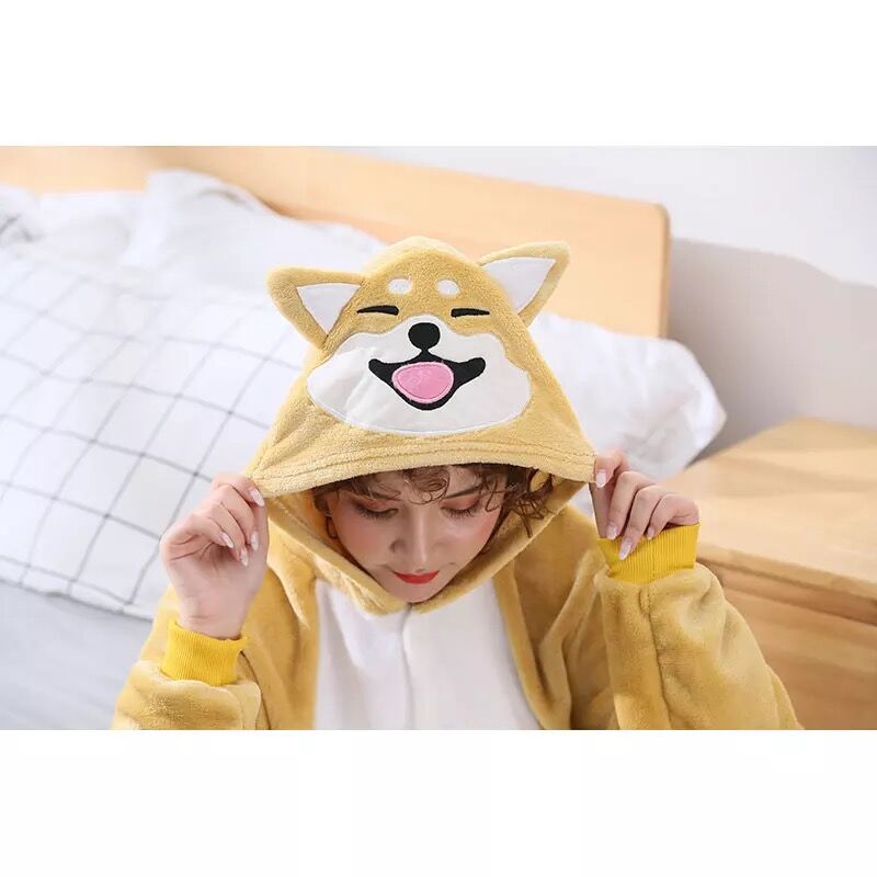 HKSNG Kigurumi Akita Dog Onesie Women Girl Cute Anima Winterl Cartoon Yellow Dog Overall Winter Warm Soft Flannel Suit Kigu